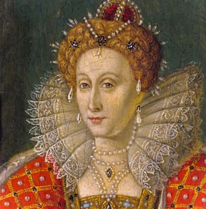 Pormenor de um retrato a óleo em miniatura da Rainha Isabel I de Nathan Benn