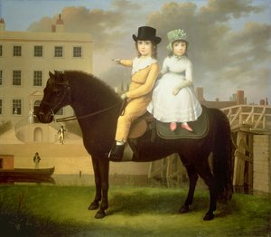 Duas crianças sentadas em um pônei preto de Nathan Theodore Fielding