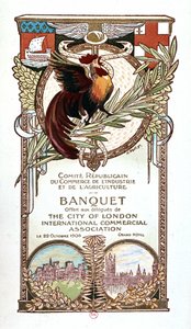 Galo e Monumentos, menu de banquetes da Comissão Republicana de Comércio, Indústria e Agricultura ofereceu 22.11.1906 aos delegados da associação comercial internacional da City de Londres de Nathan Weill