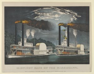 Corrida da meia-noite no Mississippi, 1875., 1875. Criadores: Nathaniel Currier, James Merritt Ives, Currier e Ives. de Currier and Ives
