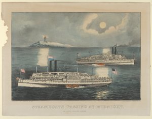 Barcos a vapor passando à meia-noite - em Long Island Sound, 1872-74., 1872-74. Criadores: Nathaniel Currier, James Merritt Ives, Currier e Ives. de Currier and Ives