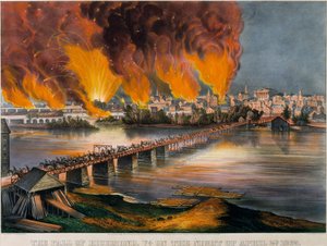A Queda de Richmond, Virgínia, na Noite de 2 de abril de 1865, 1865., 1865. Criadores: Nathaniel Currier, James Merritt Ives, Currier e Ives. de Currier and Ives