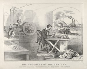 O Progresso do Século - The Lightning Steam Press. O telégrafo elétrico. The Locom..., 1876. Criadores: Nathaniel Currier, James Merritt Ives, Currier e Ives.