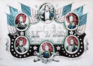 Batalha do Lago Erie com retratos de heróis navais americanos de Nathaniel Currier