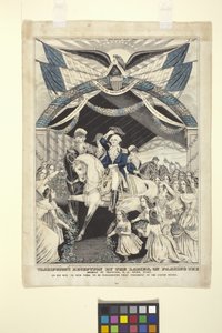 Recepção de Washington pelas senhoras ao passar a ponte em Trenton (litografia colorida à mão) de Nathaniel Currier