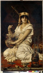 Almee (Almee). Retrato de uma mulher bela, instruída e educada a tocar música, vestida com trajes egípcios. Pintura por Nathaniel Sichel (1843-1907), óleo sobre tela