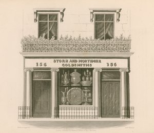 Loja de estilo iônico na frente dos senhores Storr e Mortimer, ourives e joalheiros, nº 156, Bond Street, Londres de Nathaniel Whittock