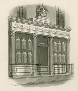 Loja frente de Godfrey e Cooke, químicos, Conduit Street, Londres de Nathaniel Whittock