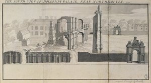 Vista sul de Holdenby House e ruínas como visto em 1729 de Nathaniel and Samuel Buck