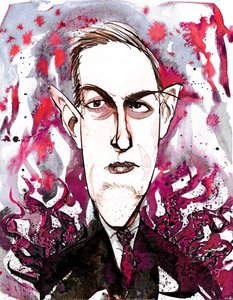 o escritor americano de terror e ficção científica Howard Phillips Lovecraft (1890-1937); caricatura de Neale Osborne