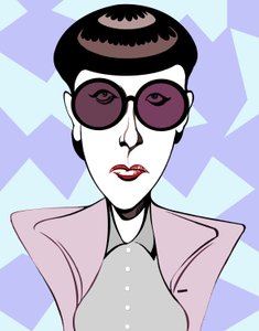 Edith Head, figurinista americana (1907 - 1981), caricatura colorida com óculos escuros de Neale Osborne
