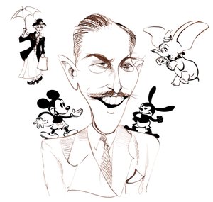 Walt Disney, produtor de cinema americano, magnata dos negócios, cartunista e animador; caricaturado com Mary Poppins de Neale Osborne