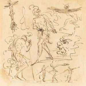 Folha de estudos com um soldado desenhando uma espada, um crucifixo, animais monstruosos e outras figuras de Neapolitan 17th Century