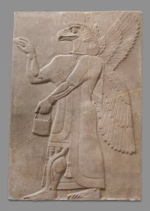 Painel de relevo da figura sobrenatural com cabeça de águia alada, c.883-59 aC (alabastro de gesso) de Neo Assyrian