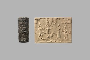 Selo cilíndrico com escorpião-homem e impressão moderna, c.8-7º século AC (quartzo, cripto-cristalino) de Neo Assyrian