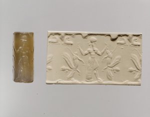 Selo cilíndrico e impressão moderna: figura masculina que domina os leões alados de cabeça humana, c. Século 8-7 AC (calcedônia)