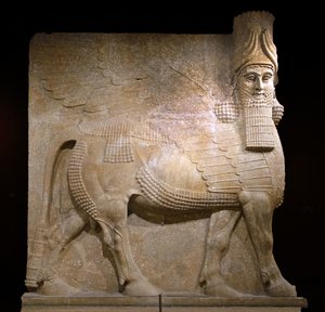 Touro alado da corte VIII no palácio do rei Sargão II, Khorsabad, 721-705 AC (gypsum?)