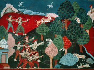 Um rei que passa os seus dias a matar gazelas pobres sem razão, mais tarde, noutra vida, é gazela e é morto por caçador, detalhe de Swayambhu Purana, importante texto sagrado budista no Nepal, gouache, Civilização Nepalesa de Nepalese School