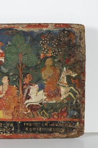 Detalhe de uma capa de manuscrito budista (aquarela opaca sobre madeira) de Nepalese School