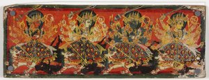 Um de um par de capas manuscritas representando Devi como as Oito Mães (wc on wood) de Nepalese School