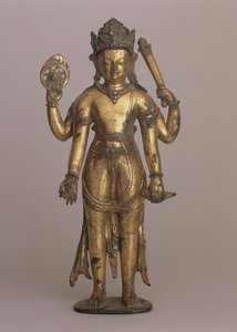 Estatueta do deus hindu Vishnu, c.1200 (bronze com alto teor de cobre, incisado, dourado, conjunto com pedras preciosas e pintado)