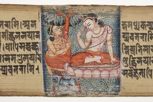 Sudhana ajoelhado diante de um bodhisattva, do Gandavyuha (wc & tinta opaca na folha de palmeira)