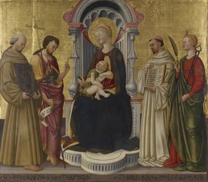 Virgem e Criança Entronizada com Quatro Santos, c.1450 (têmpera e ouro no painel) de Neri di Bicci