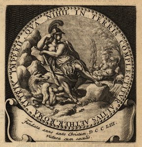 Figura alegórica do Império Romano, Rómulo e Remo.