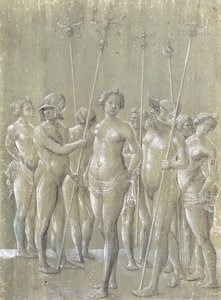 Cinco soldados nus segurando varas, dois usando capacete e três mulheres nuas, 1522