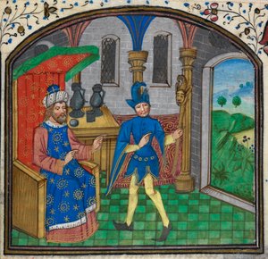 Harley 3000, f.189 Um tolo com o seu mestre, de um Livro de Horas do Mestre Mildmay, c.1460-70 (vellum) de Netherlandish School