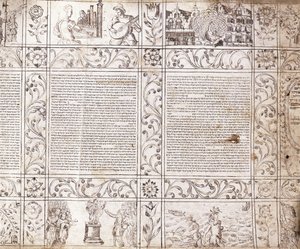 Manuscrito iluminado em escrita sefardita, mostrando cenas da vida holandesa e a Bíblia com cartelas florais, século XVII de Netherlandish School
