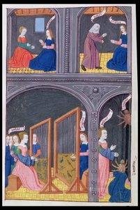 Ms 324 f.62 v. Arachne desafia Pallas e se torna uma aranha, de Metamorfoses 6 de Ovídio, 1479