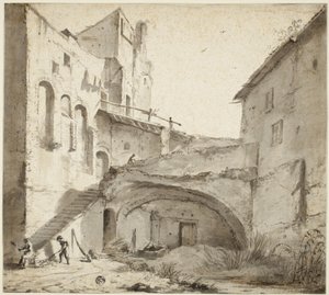 Pátio coberto de castelo em ruínas de Netherlandish School
