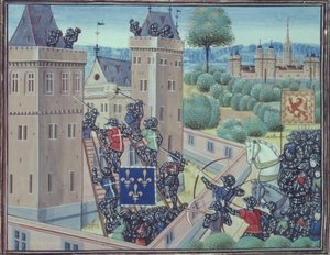 Royal 18 E.1 fol.345 A Captura do Castelo de Wark pelos Franceses e Escoceses, do Livro II de 