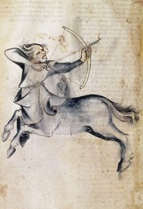 Sloane 3983 f.9v Desenho de Sagitário; de uma tradução de um tratado astrológico persa, "Liber Astrologiae" (velino) de Netherlandish School