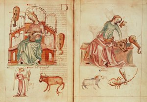 Sloane MS 3983 fol.42v-43 Vênus tocando um instrumento com seus signos regentes e em detrimento, de 