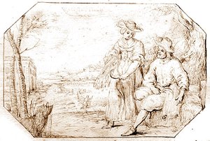 O Four Seasons: Verão - Colheita, c.1675 (caneta e tinta sépia sobre papel) de Netherlandish School
