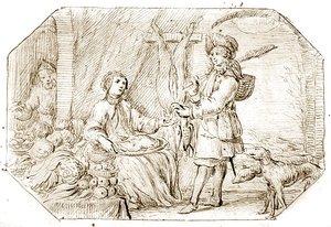 O Four Seasons: Winter - The Return from Hunting, c.1675 (caneta e tinta sépia sobre papel) de Netherlandish School