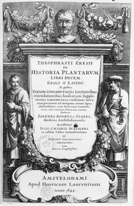 índice de volume da História das plantas por Theophrastus (c.372-c.287 aC), publicada em Amsterdã em 1644 de Netherlandish School