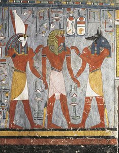 Faraó entre os deuses Harsiesis e Anubis