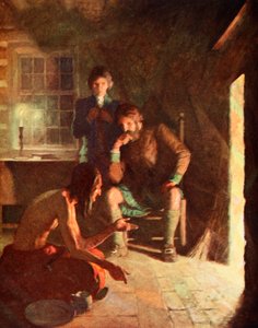 O encontro indiano Longthought em uma casa de colonos (cor litho) de Newell Convers (after) Wyeth