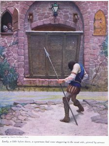 Por fim, um pouco antes do amanhecer, um lanceiro chegou cambaleando ao lado do fosso, perfurado por flechas, 1916 de Newell Convers Wyeth