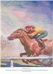 A corrida de cavalos: Amaldiçoando e chicoteando como um louco, o jóquei escarlate parou na curva, pendeu de joelhos até os joelhos, passou por ele, em 1928 de Newell Convers Wyeth