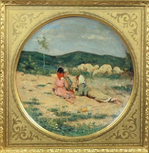 Placa pintada com figuras de pastores, de Niccolo Cannicci, Circa 1880, óleo sobre placa de terracota