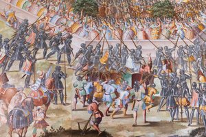 Detalhe de afresco no Salão de Batalhas da Batalha de 1431 de La Higueruela de Niccolo Granello