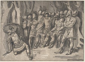 Ajax inferior esquerdo segurando um escudo no alto, à direita está Agamenon cercado por seu..., 1540-50.