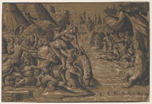 Cloelia, a heroína romana no centro sendo ajudada a montar um cavalo, Roma ao fundo,..., 1540-50