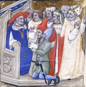 Um Cardeal sentado no julgamento de um Bispo, acusado por dois leigos, c.1380 (tinta e folha de ouro sobre velino) de Niccolo di Giacomo