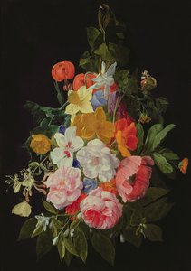 Um Swag de rosas e outras flores penduradas em um prego