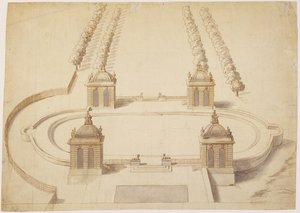 Design para um Bowling Green, Hampton Court, c.1689-91 (caneta e tinta marrom, lavagem e grafite sobre papel) de Nicholas Hawksmoor